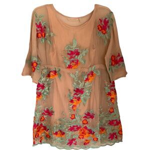 Soft Surroundings 2 Piece Nude Tan Silk Tunic Top Colorful Floral Embroidery XS